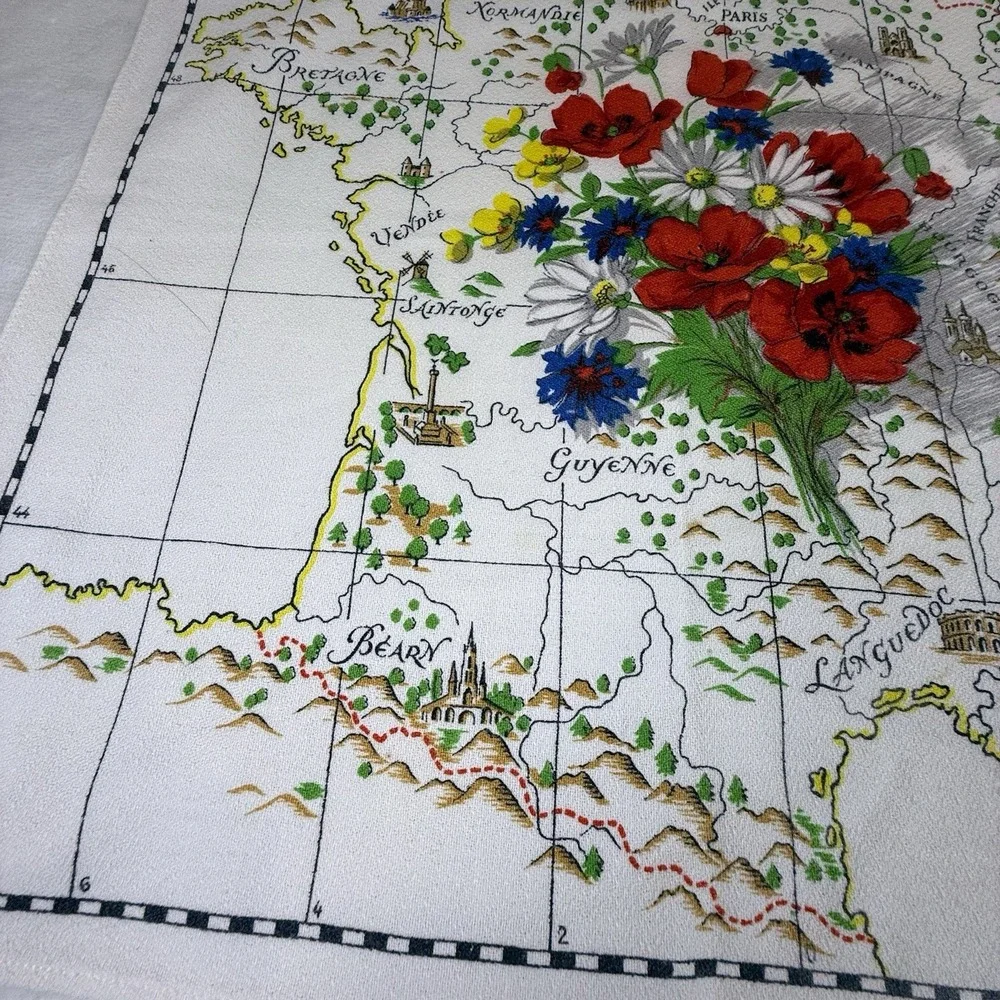 Vintage Vony France Tea Towels Set of 5 Floral Map Kitchen Linens MCM Decor
